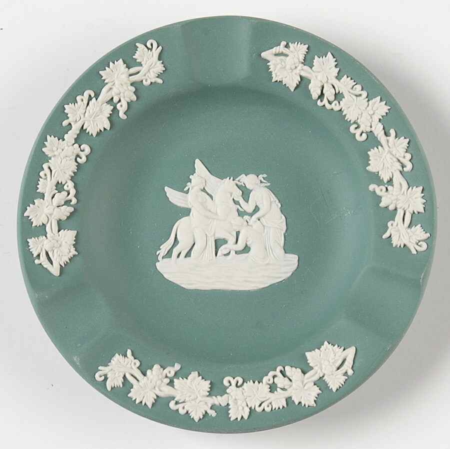 Cream Color on Teal Jasperware 3 Slot Round Ashtray by Wedgwood-1