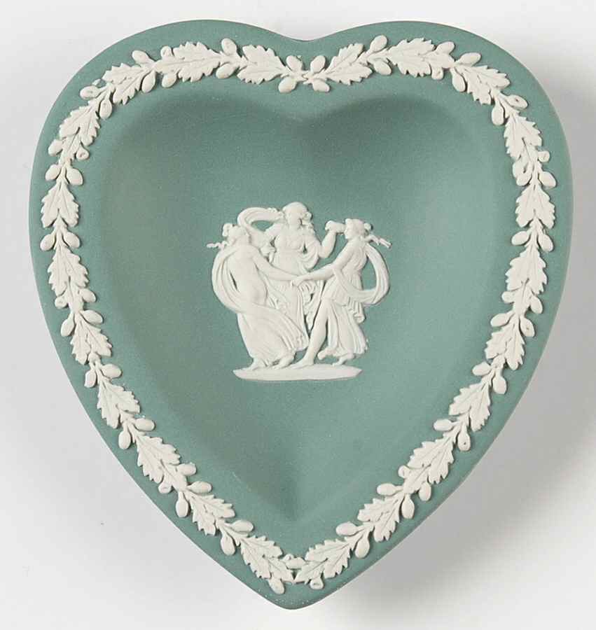 Cream Color on Teal Jasperware Small Heart Shape Ashtray by Wedgwood-1