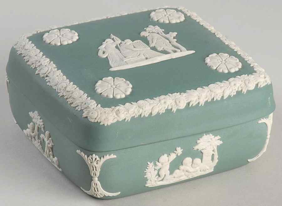 Cream Color on Teal Jasperware Square Box with Lid by Wedgwood-1
