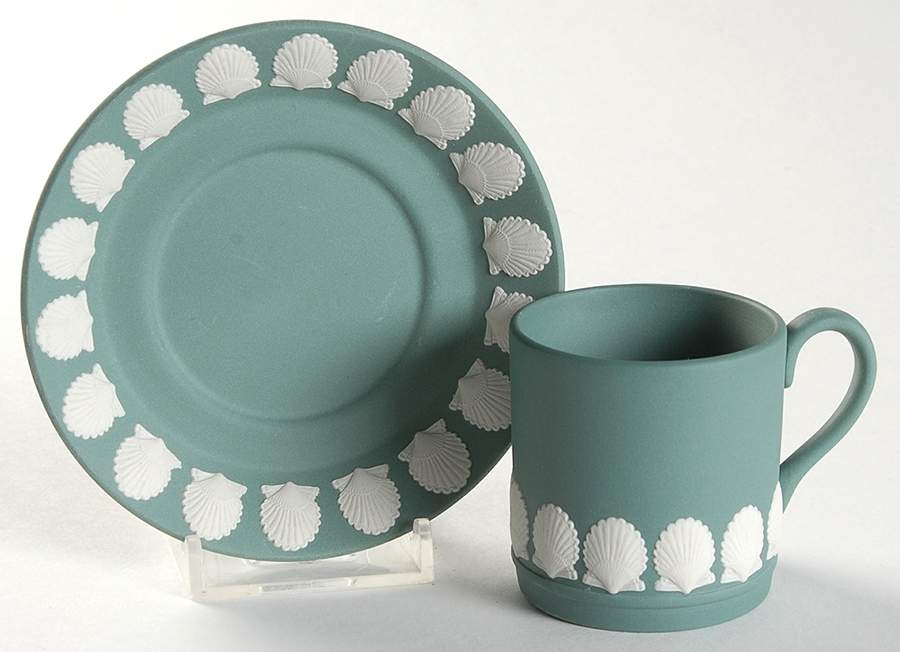 Cream Color on Teal Jasperware Flat Demitasse Cup & Saucer Set by Wedgwood-1