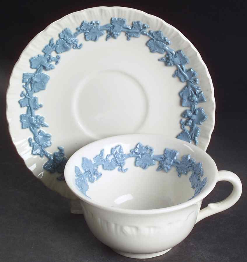 Lavender on Cream Color (Shell Edge) Footed Cup & Saucer Set by Wedgwood-1