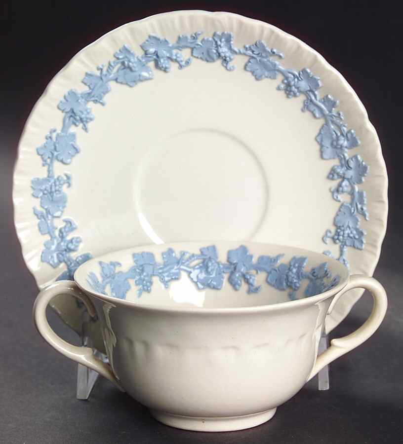 Lavender on Cream Color (Shell Edge) Footed Bouillon Cup & Saucer by Wedgwood-1