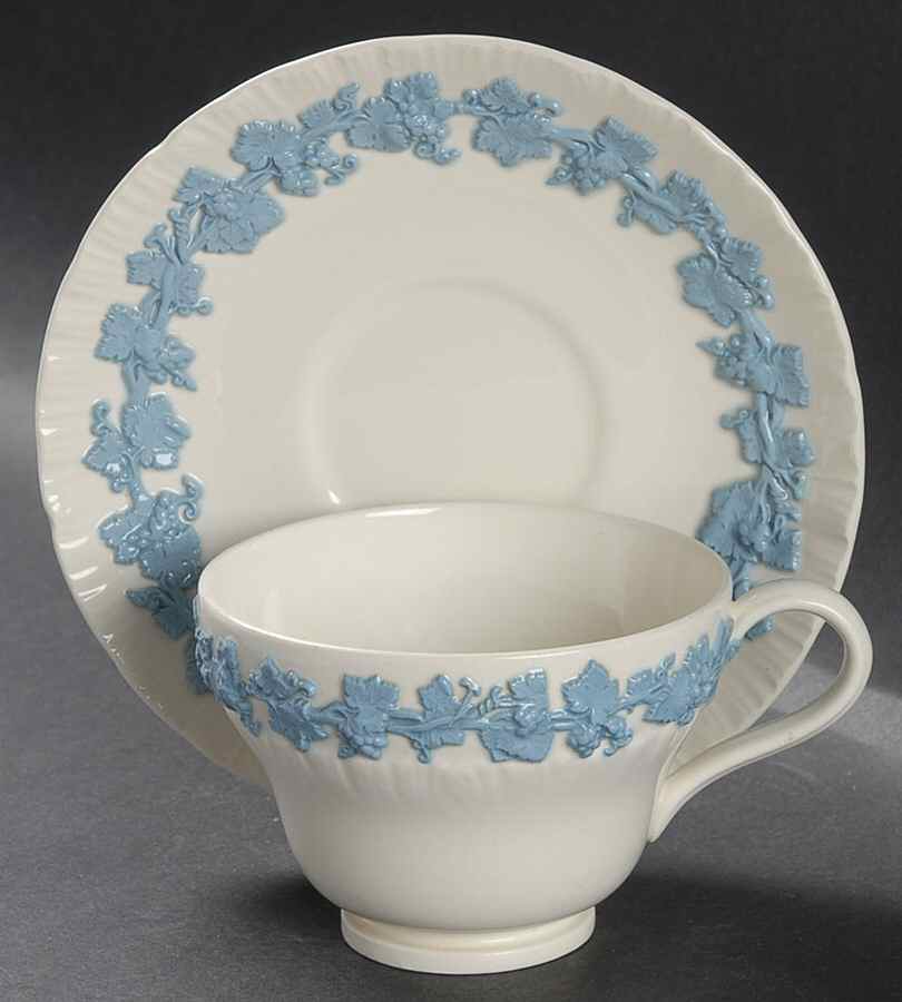 Lavender on Cream Color (Shell Edge) Footed Cup & Saucer Set by Wedgwood-1
