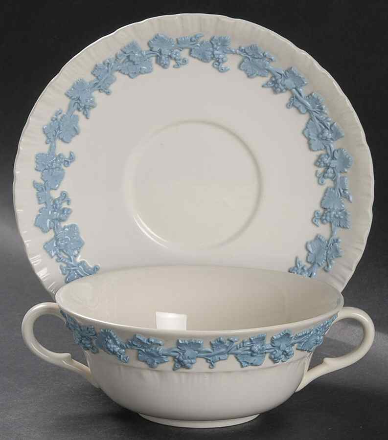 Lavender on Cream Color (Shell Edge) Flat Cream Soup Bowl & Saucer Set by Wedgwood-1