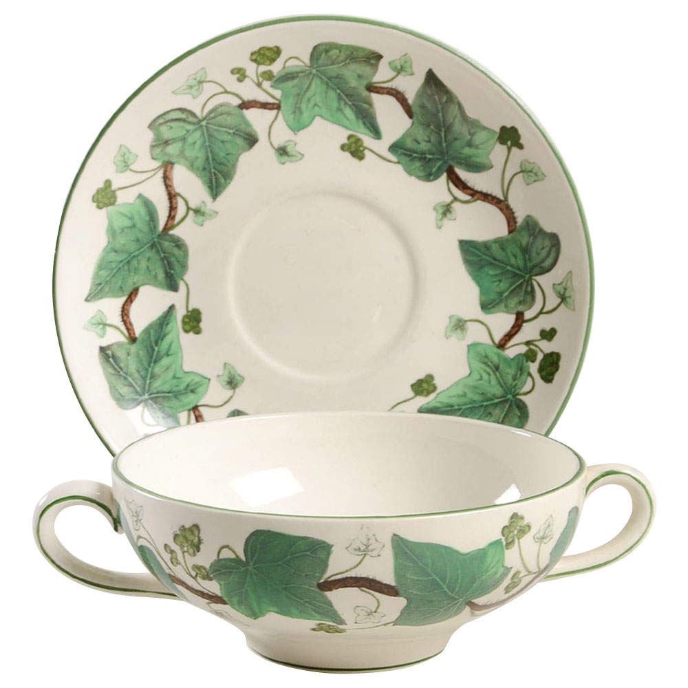 Napoleon Ivy Green (Queen's Ware) Flat Cream Soup Bowl & Saucer Set by Wedgwood-1