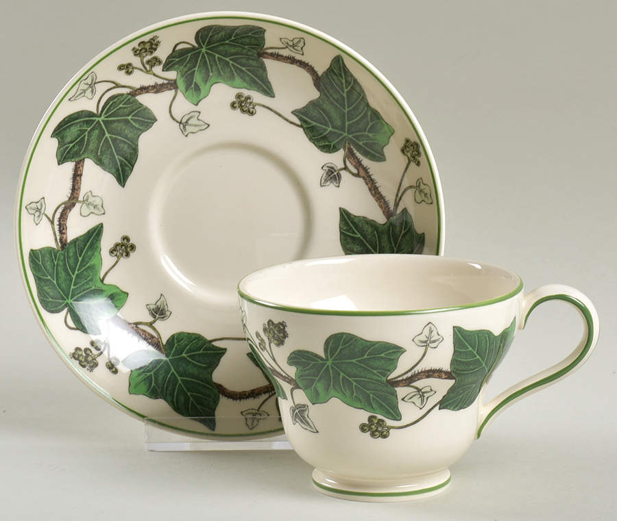 Napoleon Ivy Green (Queen's Ware) Footed Cup & Saucer Set by Wedgwood-1