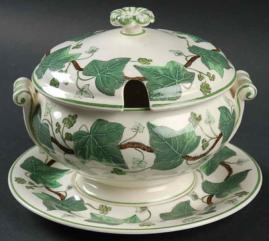 Napoleon Ivy Green (Queen's Ware) Round Sauce Boat & Lid with Underplate by Wedgwood-1
