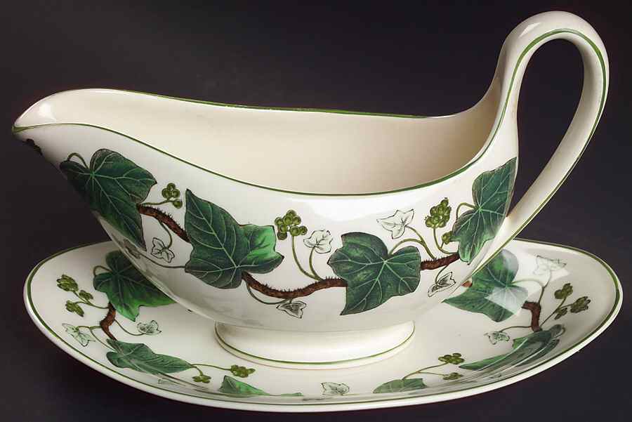 Napoleon Ivy Green (Queen's Ware) Gravy Boat & Underplate/Relish by Wedgwood-1