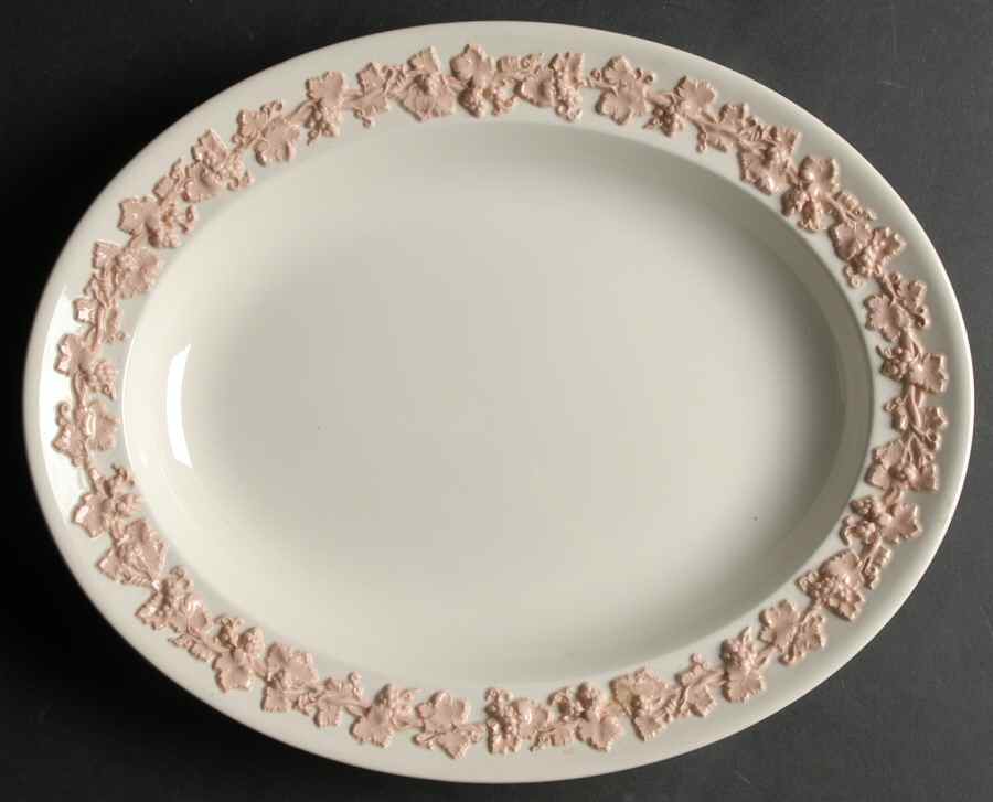Pink On Cream Color (Plain edge) 13" Oval Serving Platter by Wedgwood-1