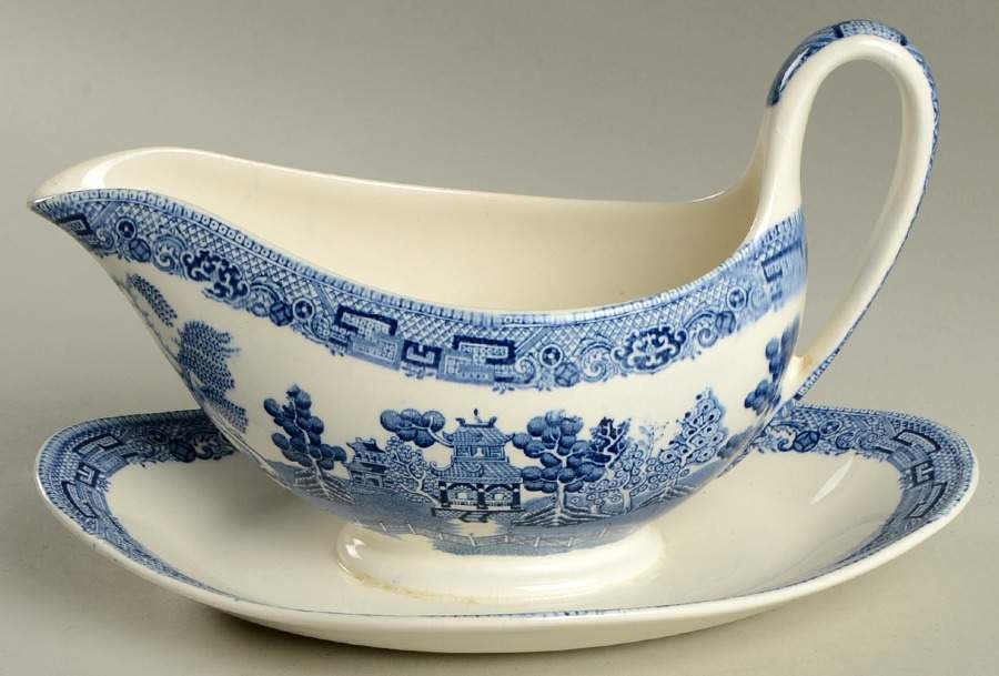 Willow Blue (Older, Smooth) Gravy Boat with Attached Underplate by Wedgwood-1
