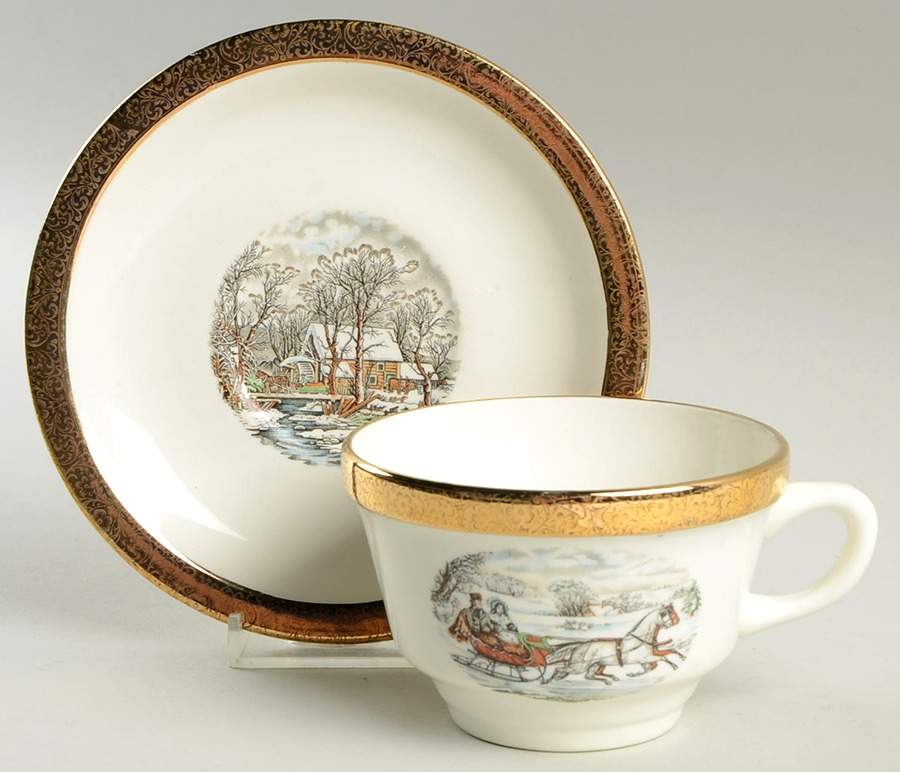 Currier & Ives Flat Cup & Saucer Set by Wint-O-Gold-1