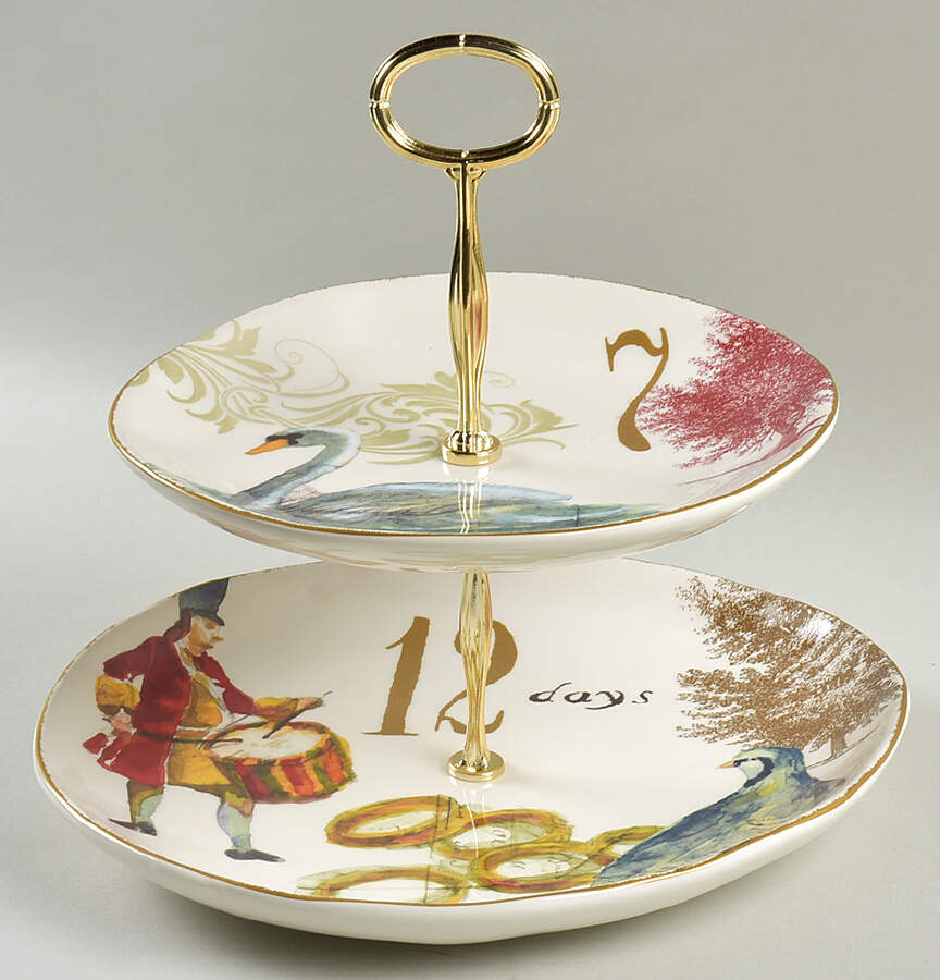 12 Days of Christmas (Gold Numbers, Coupe Shape) 6 5/8"-10"  2 Tiered Serving Tray (Dp, Sp) HC by Williams-Sonoma-1