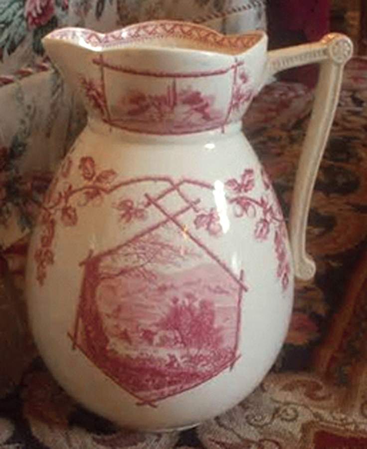 Lake Scenery Pink Red Large Pitcher & Bowl Set by J F Wileman-1