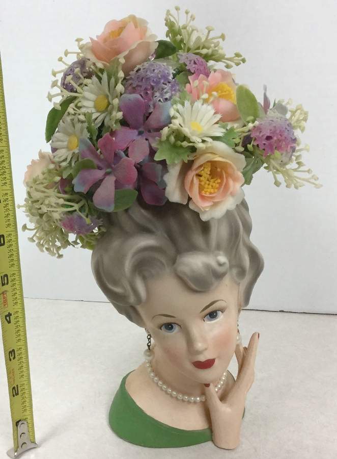 Ardco Dallas Head Vase Lady Hand Up Green Floral Embo - No Box by Ardco Dallas-1