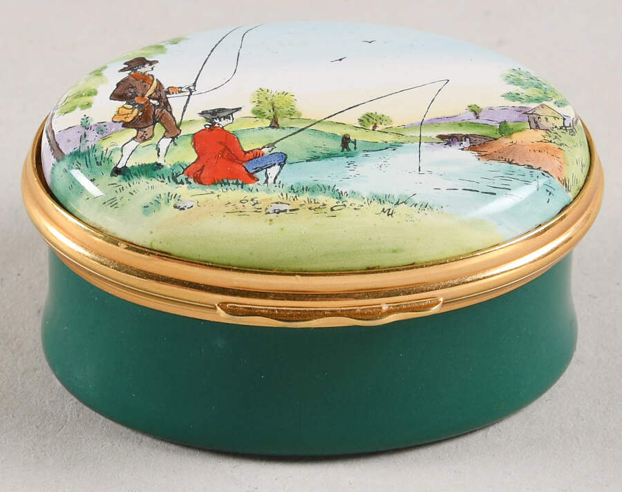 Bilston and Battersea Enamel Box Two Men Fishing - No Box by Bilston-England-1