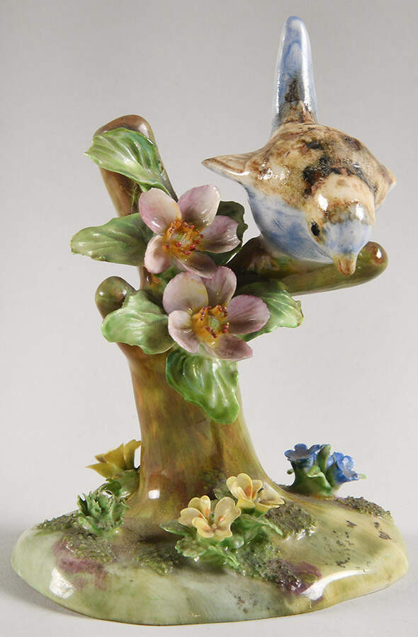 Bird Figurines Blue Bird W/ Flowers-Head Down - No Box by Crown Staffordshire-1