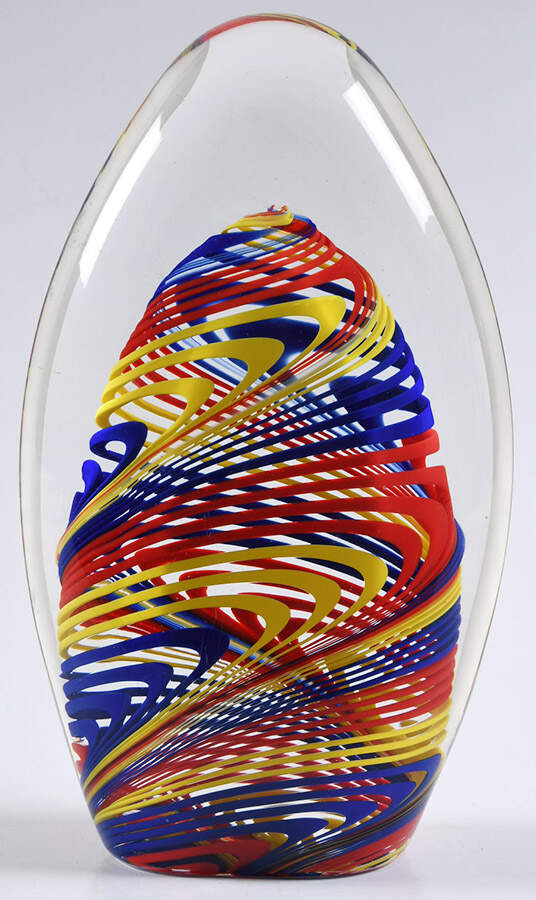 Art Glass Paperweights Yellow, Red & Blue Swirls - Boxed by David Russell Glassworks-1