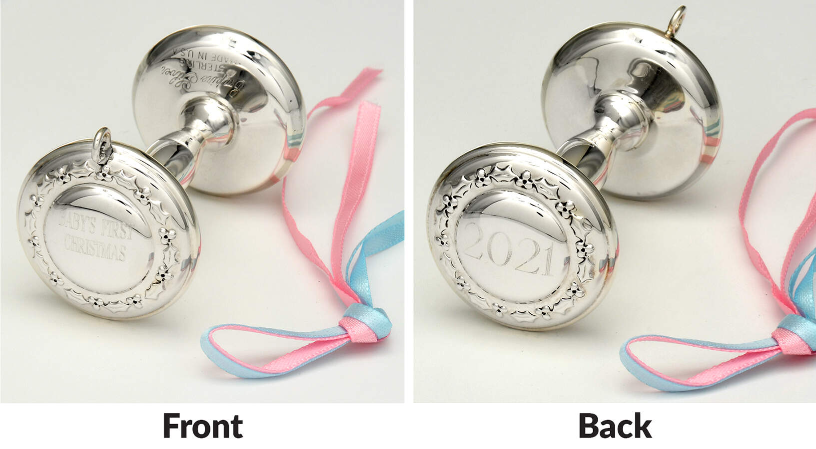 Baby's First Christmas Baby Rattle (Pink&Blue Ribbon) - No Box by Empire Silver Co-1