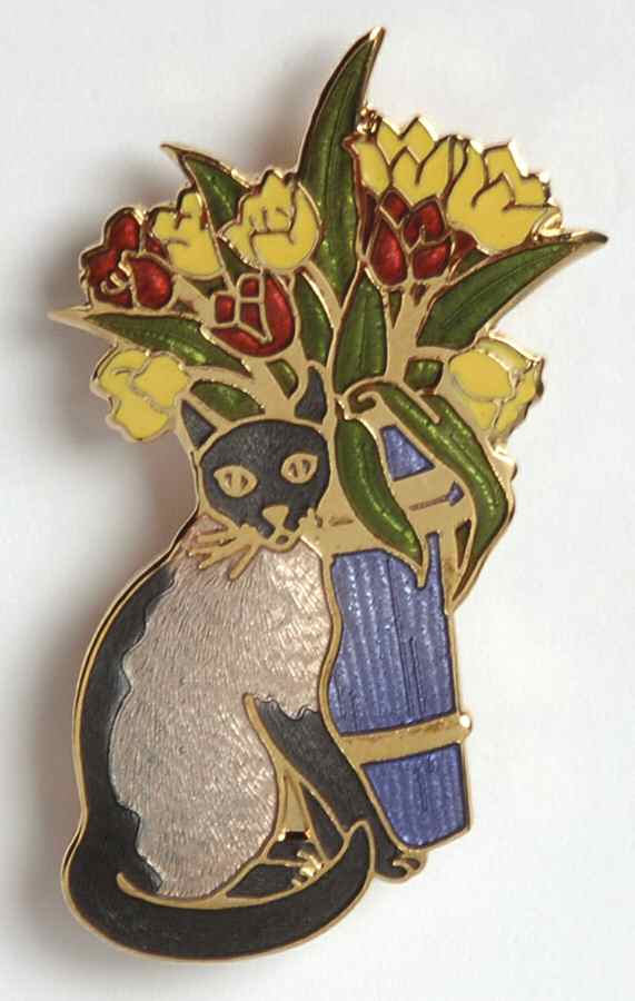 Fine Enamels Jewelry Siamese Cat With Flowers-Blue - No Box by Fine Enamels-1
