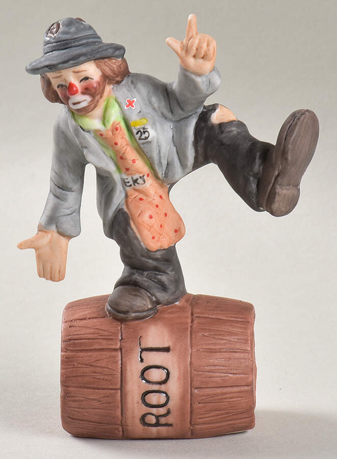 Emmett Kelly Jr Collection Mniatures On Barrel-One Leg Up - Boxed by Flambro-1
