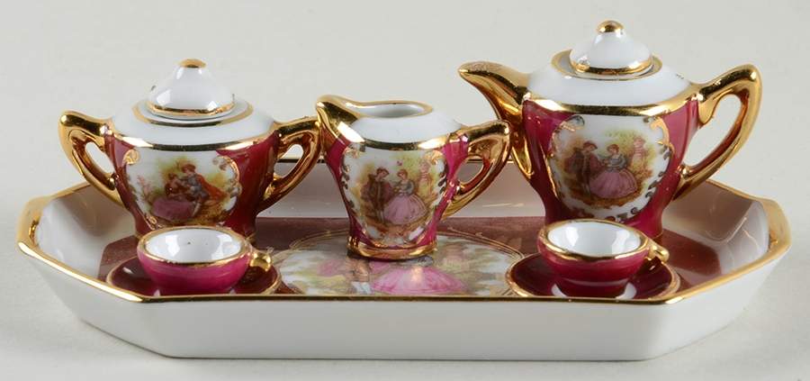Limoges Miniatures 6 Pc Tea Set Mini Red/White - No Box by Fontanille & Marraud-1