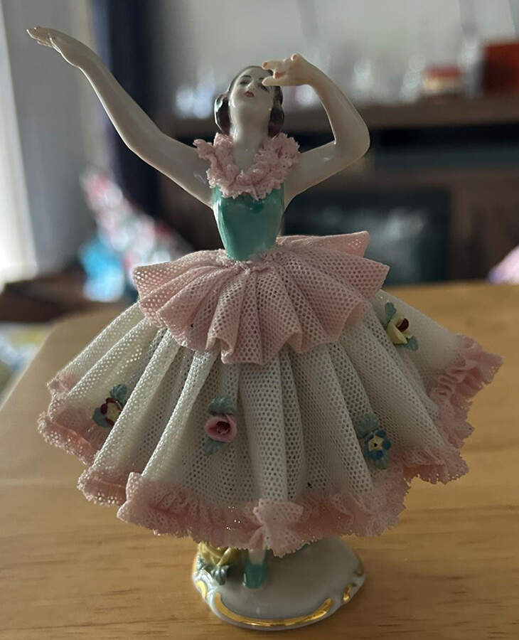Dresden Lace Figurines Ballerina-Pink,White Skirt With Flowers - No Box by Frankenthal-1
