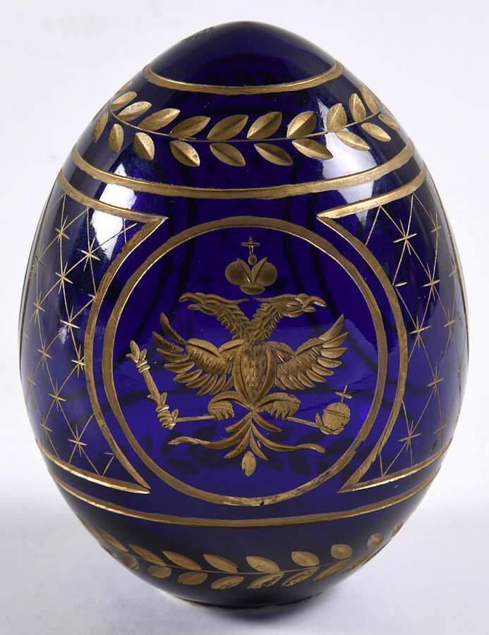 Faberge Style Crystal Egg Cobalt Blue Two Headed Eagle Swords - Boxed by Faberge Style-1