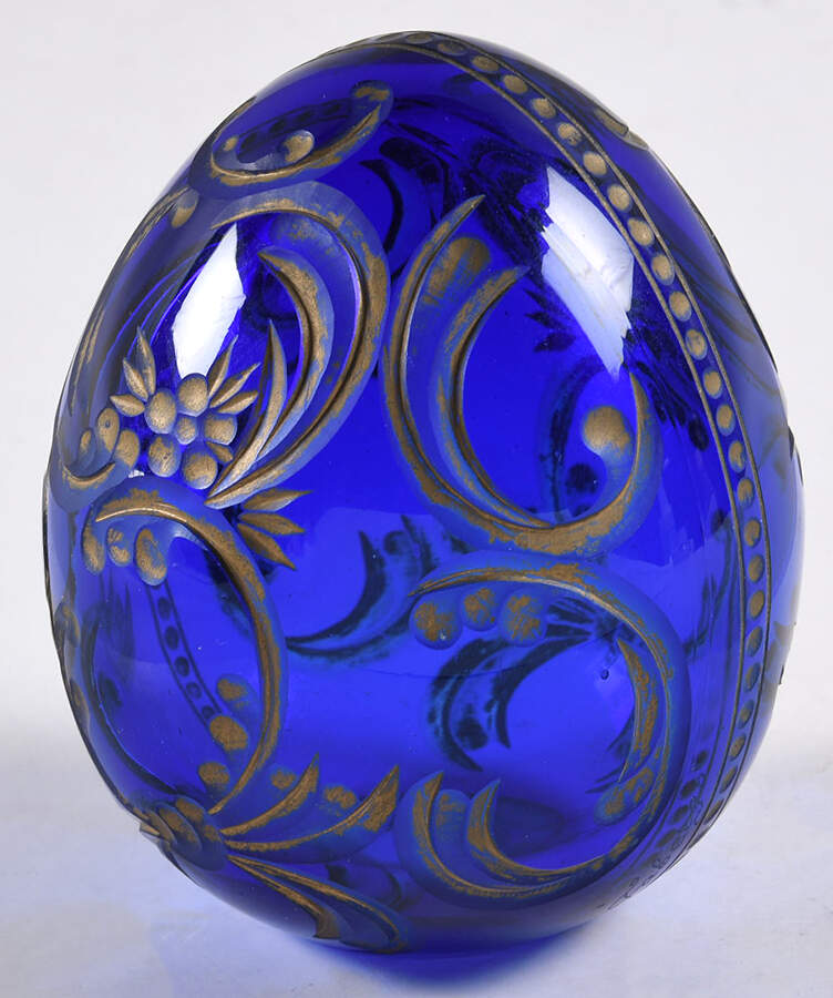 Faberge Style Crystal Egg Blue Gold Scrolls Flowers Dots - With Box by Faberge Style-1
