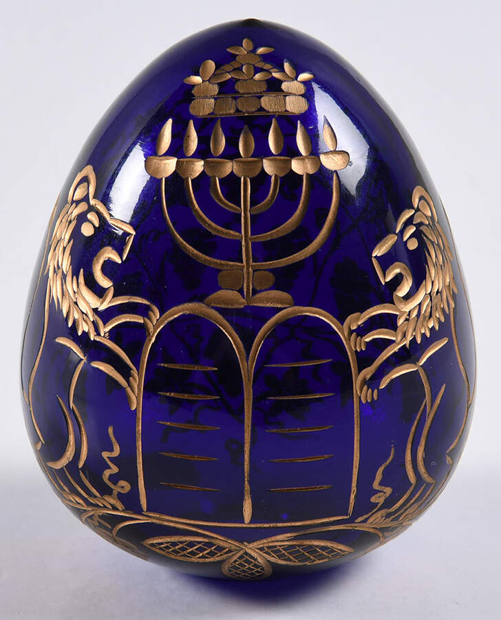 Faberge Style Crystal Egg Cobalt - Menorah Two Lions - With Box by Faberge Style-1