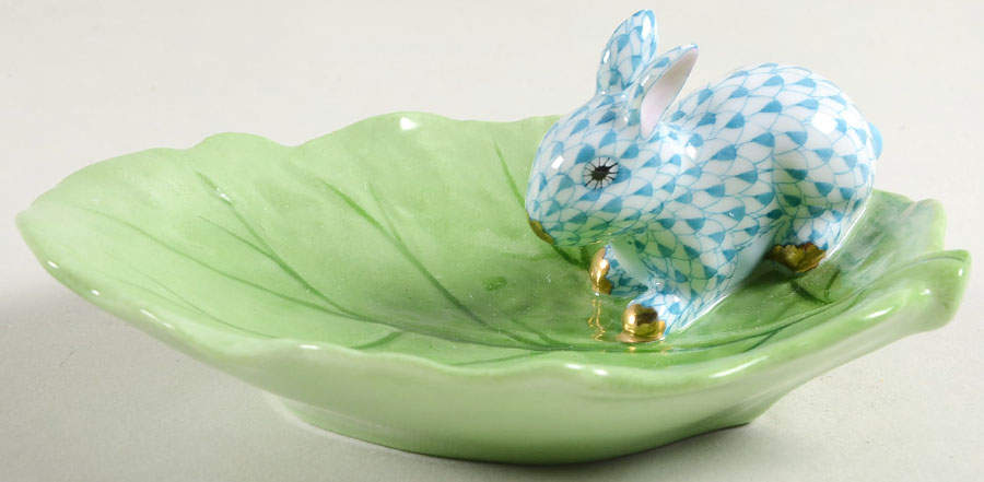 Rabbits & Bunnies (Single) Bunny On Cabbage Leaf-Turquoise - No Box by Herend-1