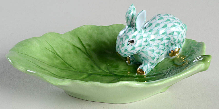 Rabbits & Bunnies (Single) Bunny On Cabbage Leaf-Green - No Box by Herend-1