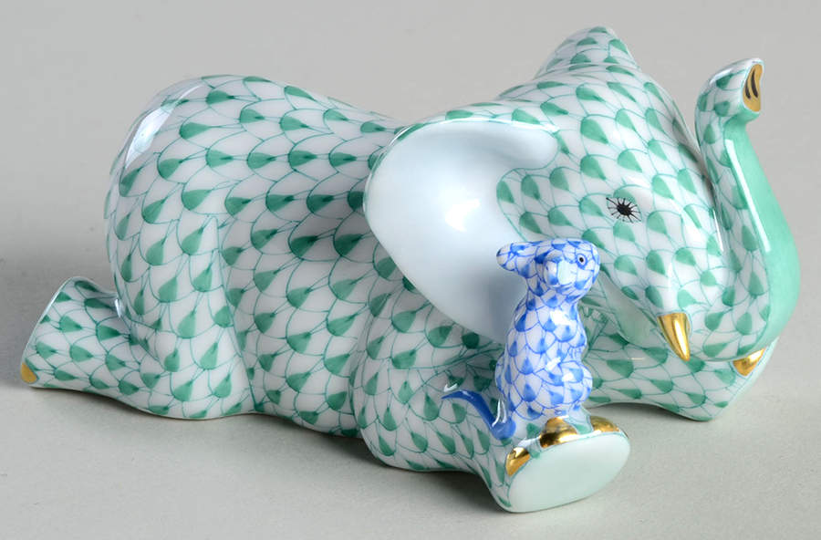 Elephants Fast Friends-Green/Blue - No Box by Herend-1