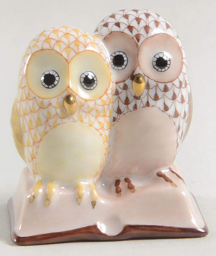 Birds of Prey Owls On Book-Butterscotch/Chocolate - No Box by Herend-1