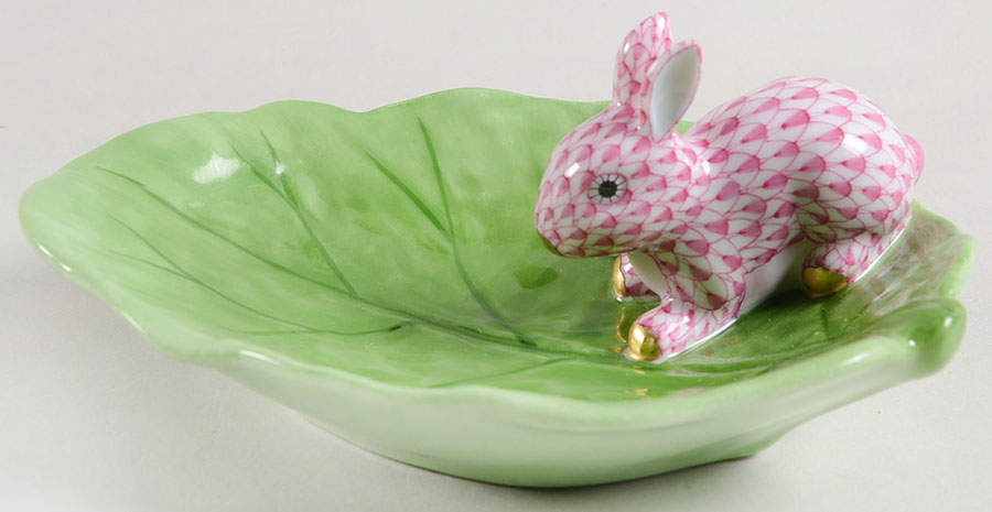 Rabbits & Bunnies (Single) Bunny On Cabbage Leaf-Raspberry - No Box by Herend-1