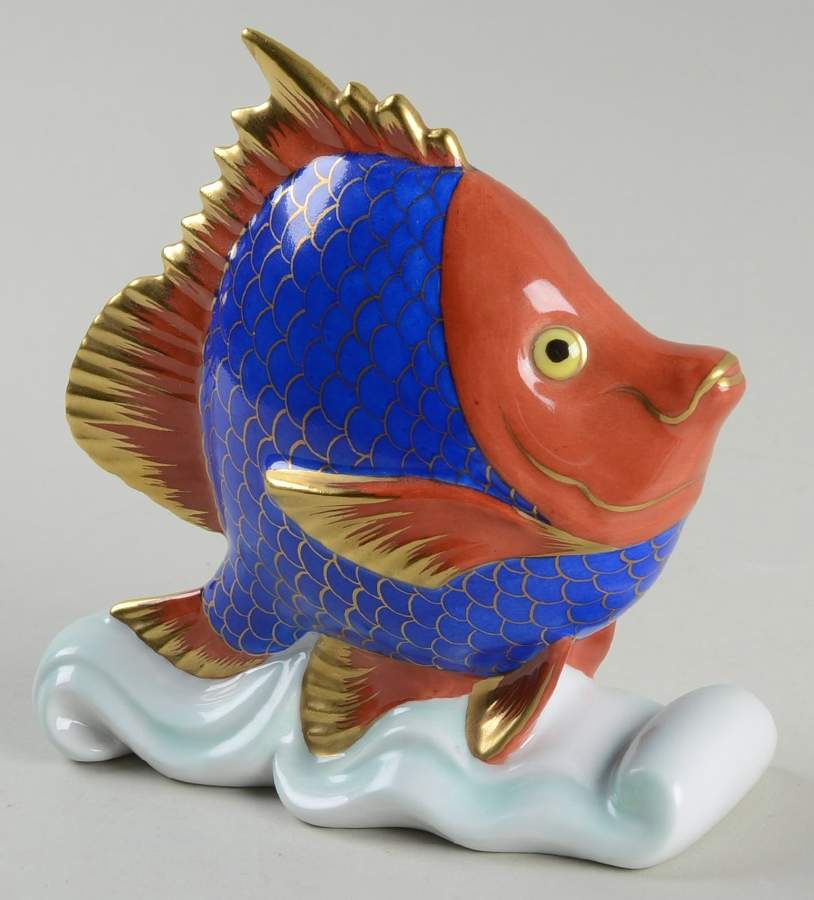 Fish Tropical Fish On Wave-Blue/Rust - No Box by Herend-1