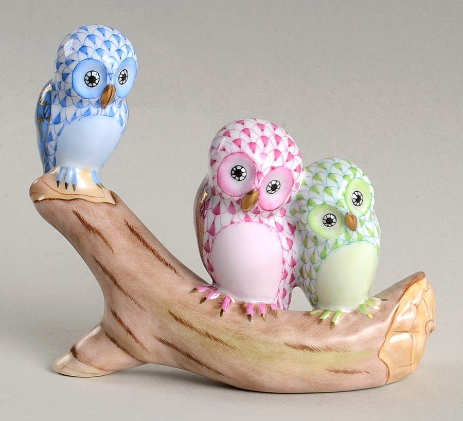 Birds of Prey Owls On A Branch-Multicolor - No Box by Herend-1