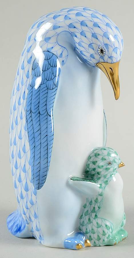 Waterfowl Penguin & Baby-Blue/Green - No Box by Herend-1
