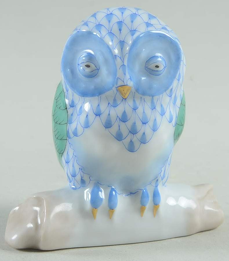 Birds of Prey Owl On Branch-Blue - No Box by Herend-1