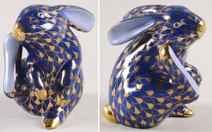 Rabbits & Bunnies (Single) Scratching Bunny-Cobalt/Gold - No Box by Herend-1