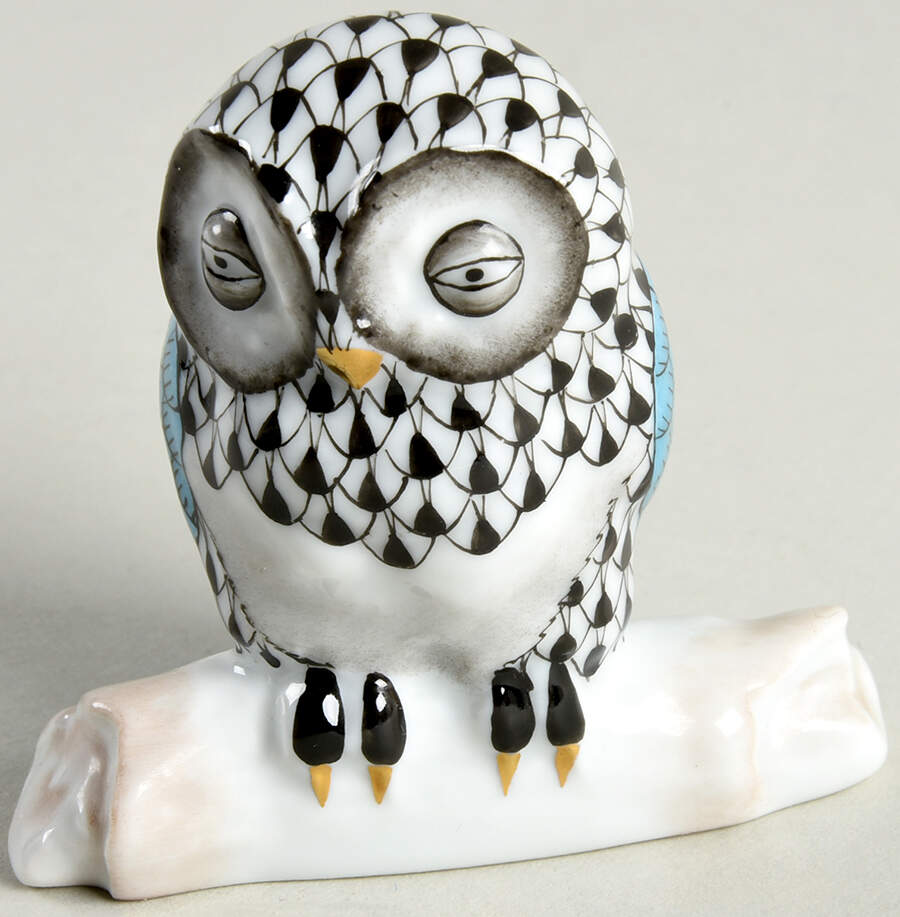Birds of Prey Owl On Branch-Black - No Box by Herend-1