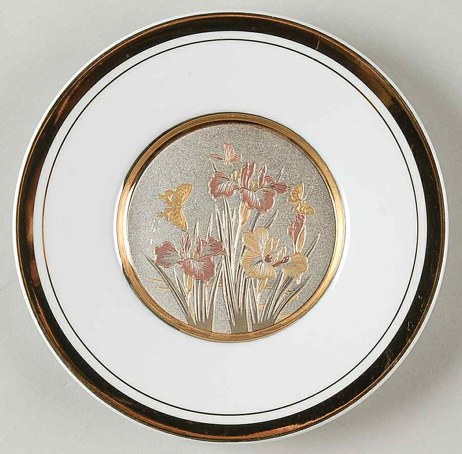 Chokin Art Butterflies & Flowers-White Rim A - No Box by Japan-1