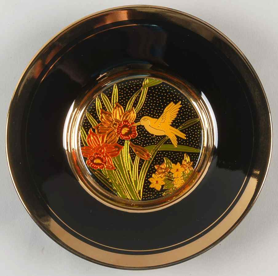 Chokin Art Hummingbird & Flowers-Black Rim - No Box by Japan-1