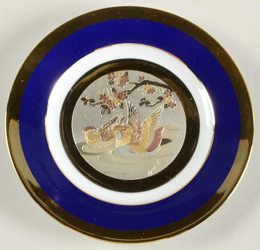 Chokin Art Two Mandarin Ducks-Blue Rim - No Box by Japan-1