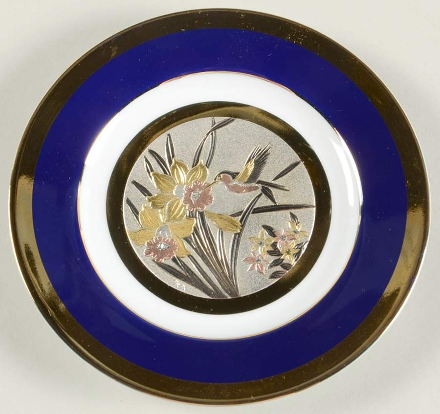 Chokin Art Hummingbird & Flowers-Blue Rim - No Box by Japan-1