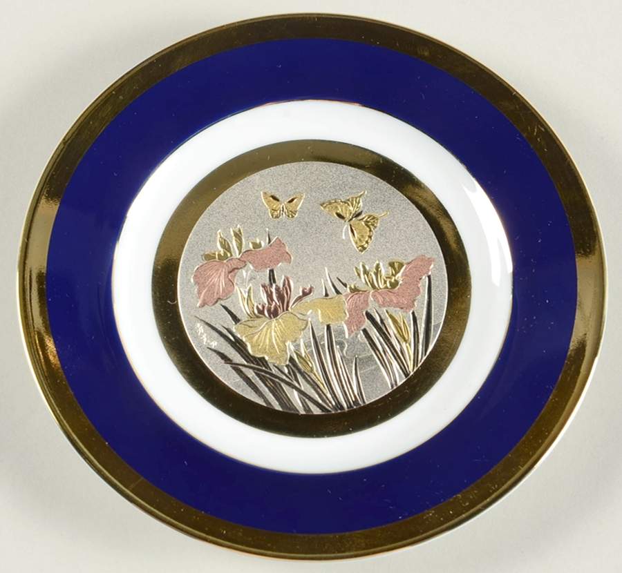 Chokin Art Butterflies & Flowers-Blue Rim - No Box by Japan-1