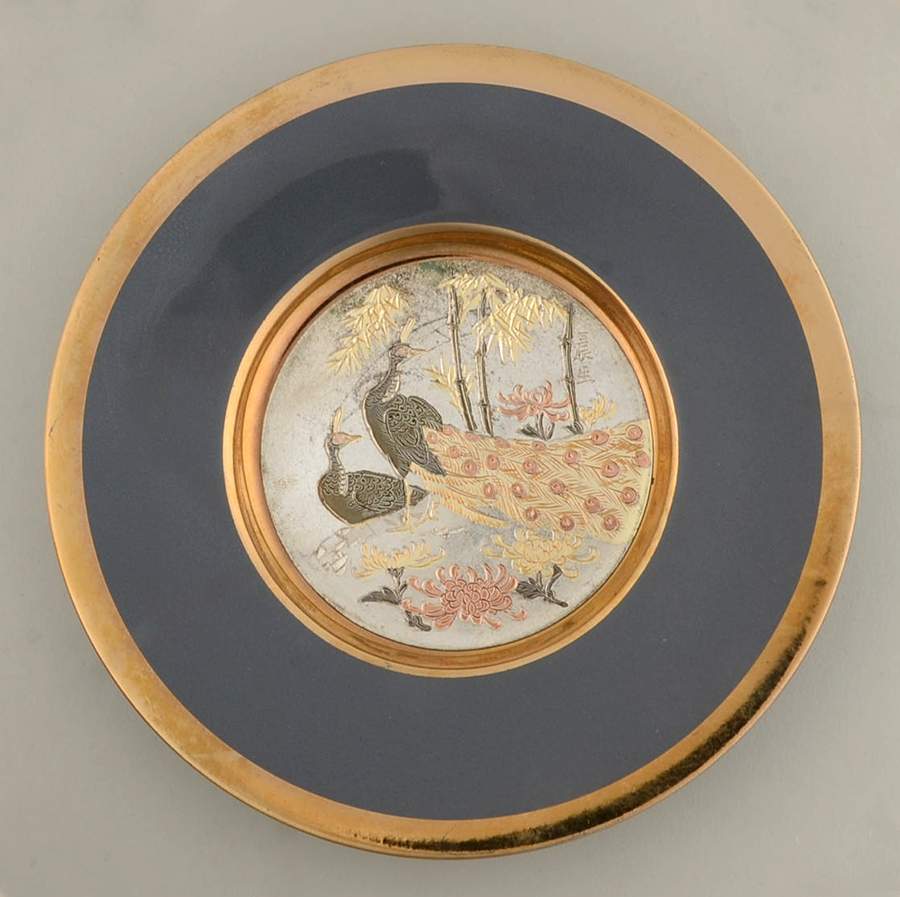 Chokin Art Peacock Pair With Bamboo-Grey Border - No Box by Japan-1