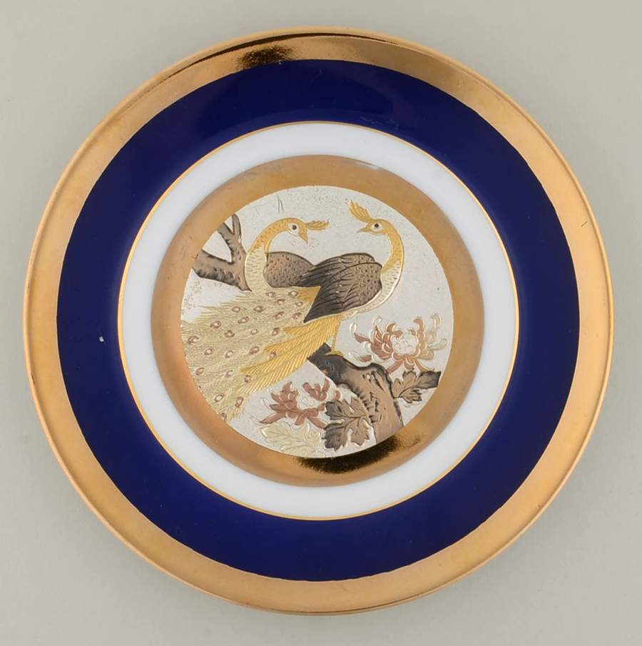 Chokin Art Peacock Pair On Branch-Blue Border - No Box by Japan-1