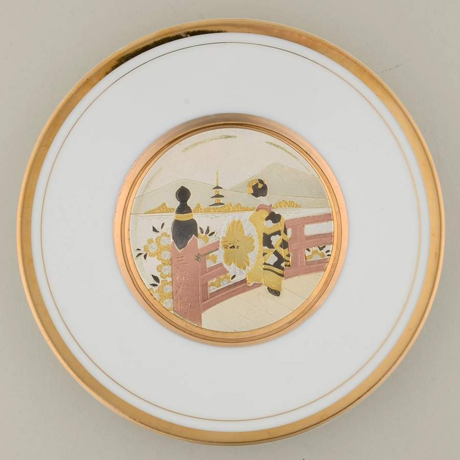 Chokin Art Geisha On Bridge-White Border - No Box by Japan-1