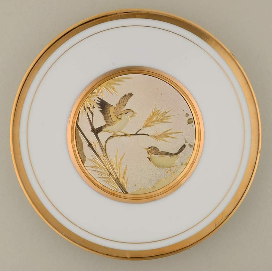Chokin Art Sparrow On Bamboo Branch-White Border - No Box by Japan-1