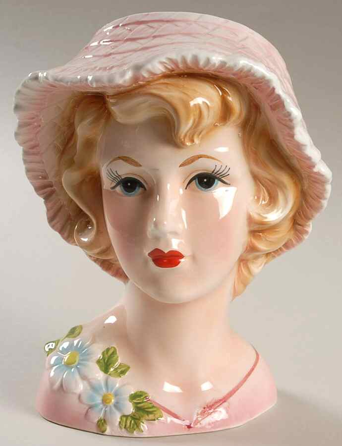 Head Vases Lady Pink Floppy Brim Floral  - No Box by Japan-1